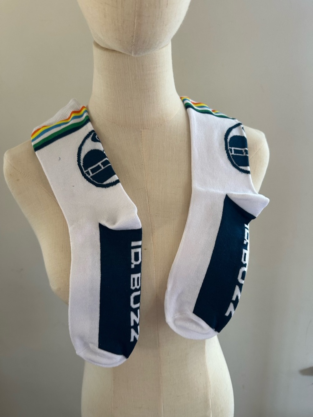 Volkswagen ID Buzz - White & Navy Athletic Crew Socks with Multicolor Stripes